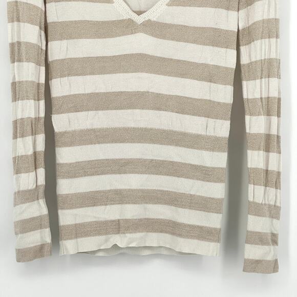 WHBM Women's Striped Shimmer V-Neck Sweaters Size Small Beige and White Pullover - Picture 3 of 9